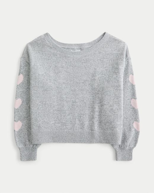 Hollister Gray Easy Heart Graphic Off-the-shoulder Sweater