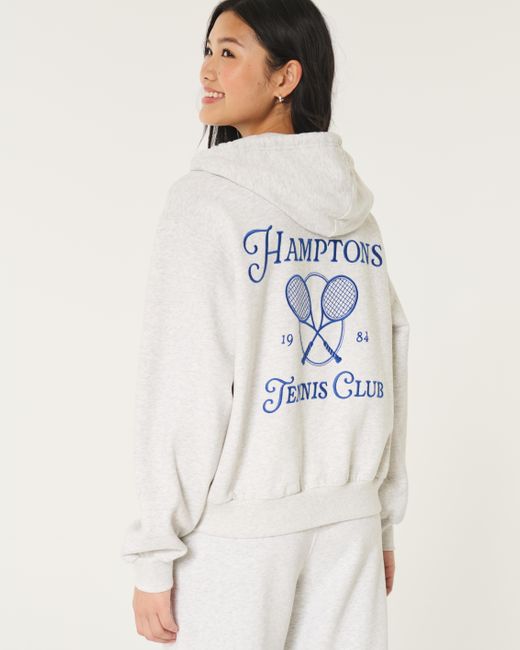 Hollister White Lässiger Hoodie mit Hamptons Tennis Club-Grafik und Reißverschluss