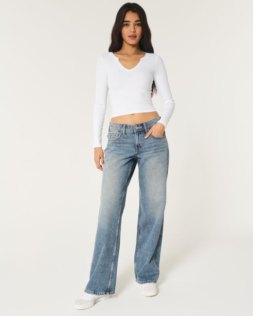 Hollister White Ribbed Seamless Fabric Notch-neck Top