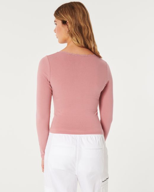 Hollister Pink Long-sleeve Lace Trim Wrap Top