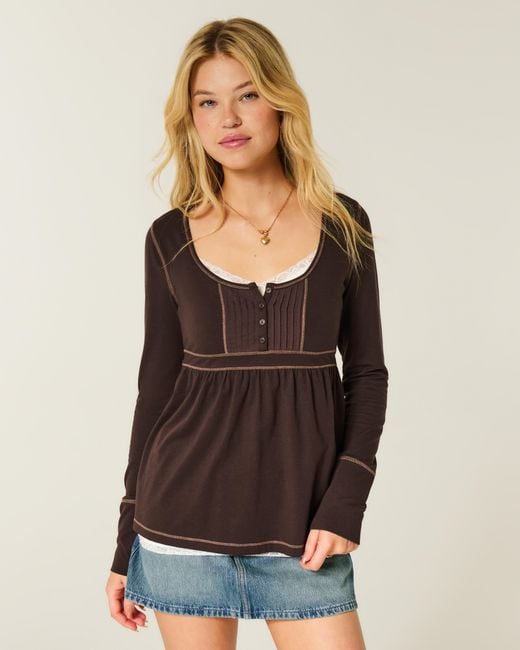 Hollister Brown Long-sleeve Henley Babydoll Top