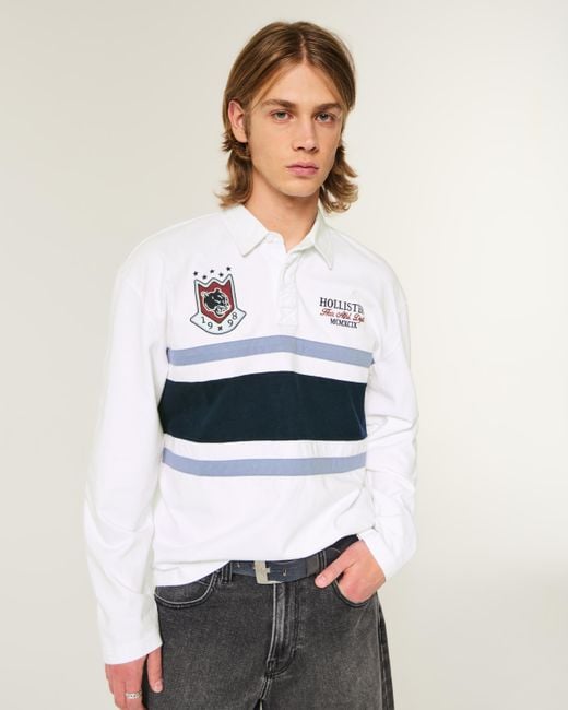 Hollister White Boxy Long-sleeve Logo Graphic Rugby Polo for men