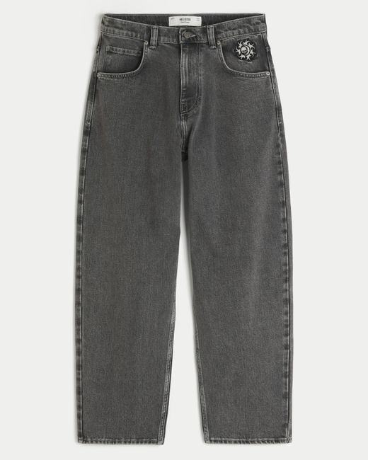 Hollister Gray Washed Black Sun & Skull Embroidery Skater Baggy Jeans for men
