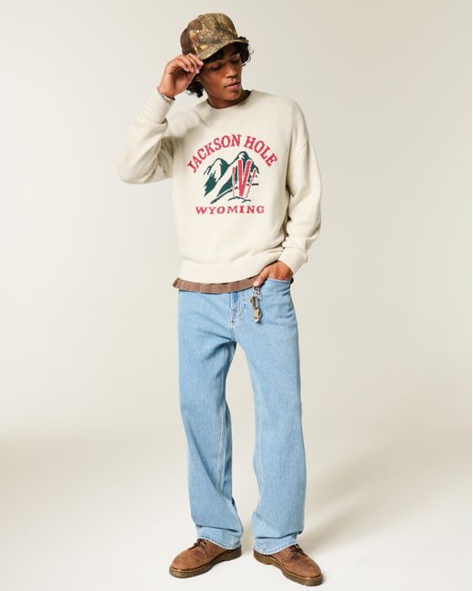 Hollister White Boxy Jackson Hole Graphic Crew Sweater for men