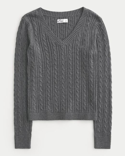 Hollister Gray Cable-knit Icon V-neck Sweater