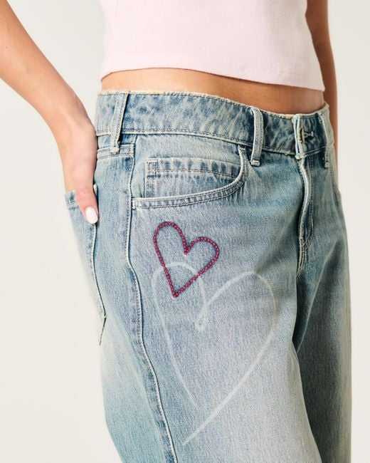 Hollister Blue Low-rise Medium Wash Heart Embroidery Baggy Jeans