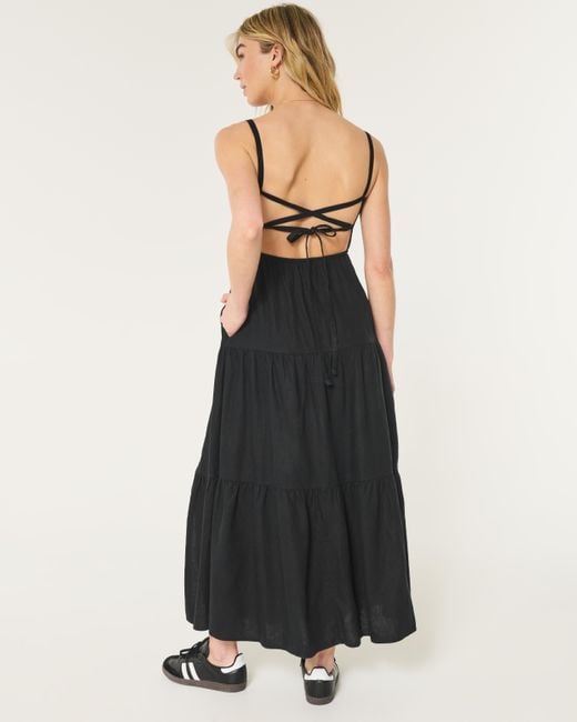 Hollister Black Open Back Linen Blend Maxi Dress