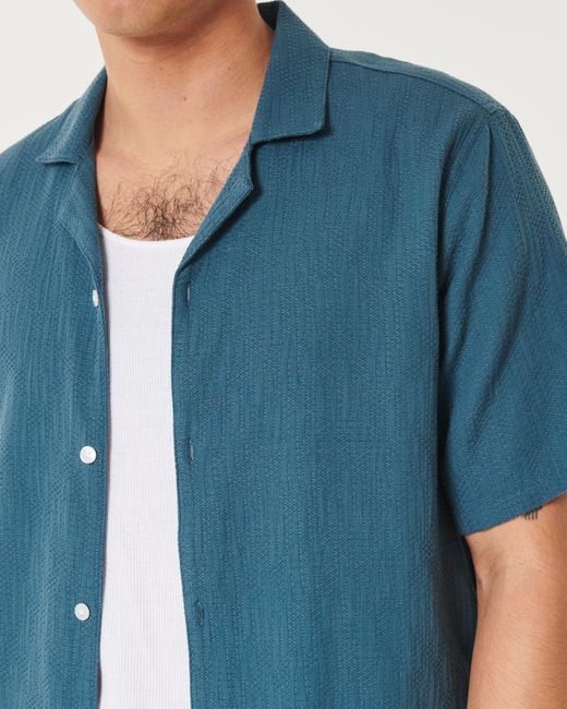 Hollister Blue Short-sleeve Textured Cotton Shirt for men