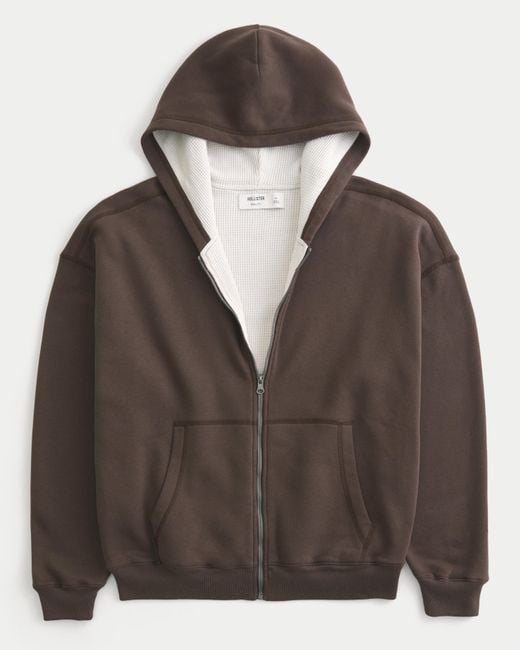 Hollister Brown Boxy Thermal-lined Zip-up Hoodie for men