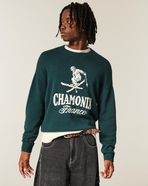 Hollister Green Boxy Chamonix France Graphic Crew Sweater for men