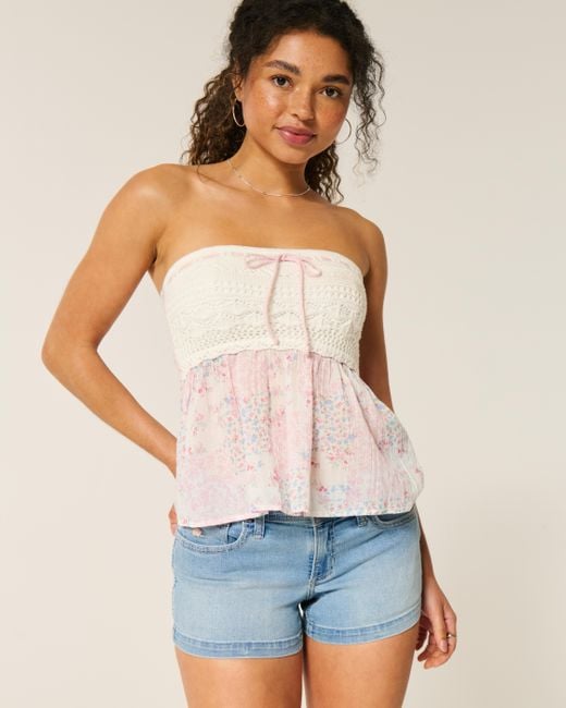 Hollister Blue Low-rise Light Wash Floral Embroidered Denim Shortie Shorts