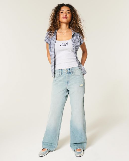 Hollister Blue High-rise Distressed Light Wash Baggy Jeans