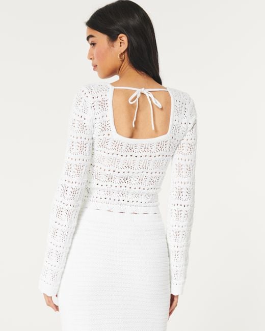 Hollister White Long-sleeve Square-neck Crochet-style Sweater