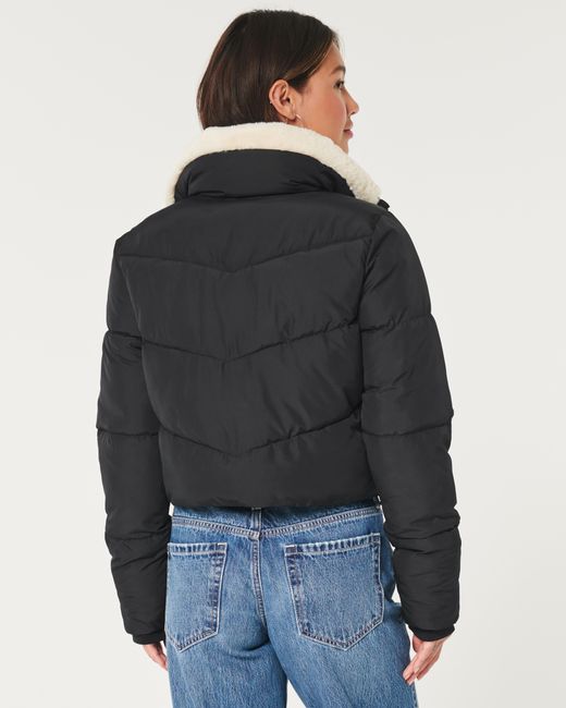 Hollister Black Mini Zip-up Faux Fur Collar Puffer Jacket