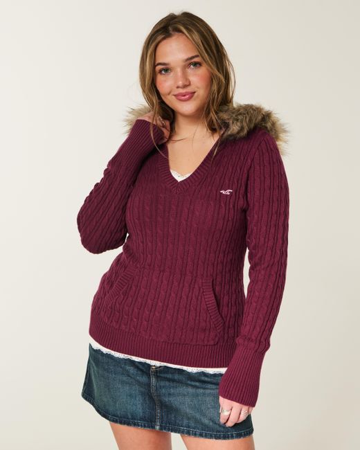 hollister-faux-fur-trim-hooded-cable-knit-sweater-in-purple-lyst-uk