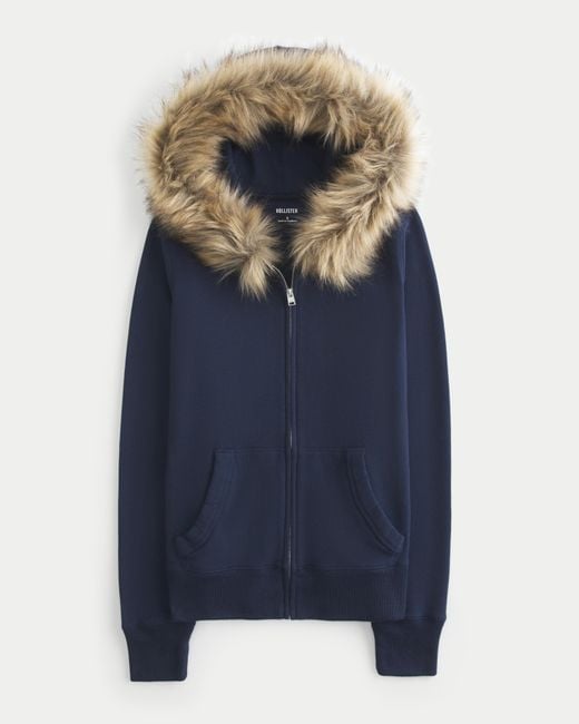 Hollister Blue Faux Fur Trim Zip-up Hoodie