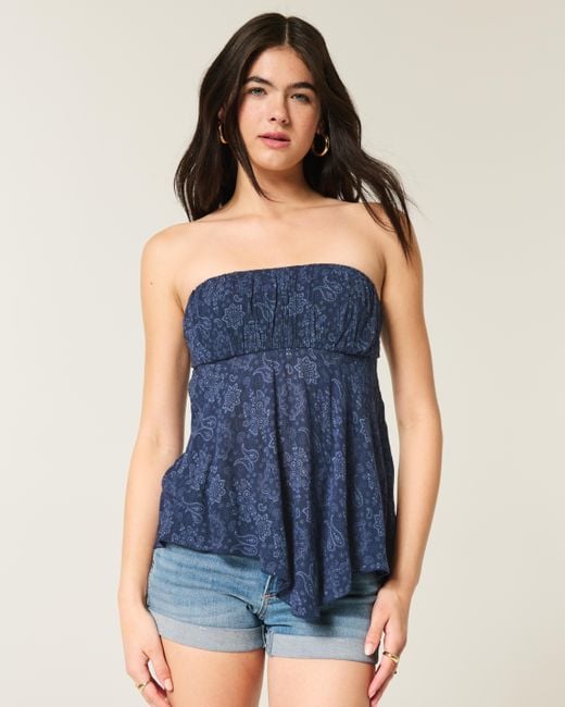 Hollister Blue Strapless Handkerchief Hem Top