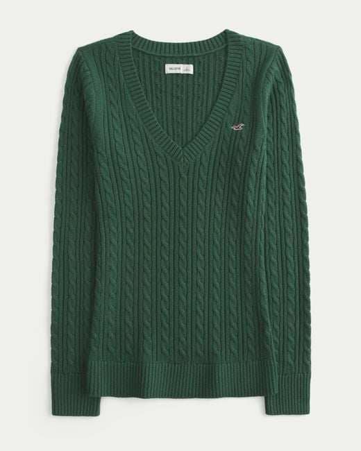 Hollister Green Cable-knit V-neck Icon Sweater