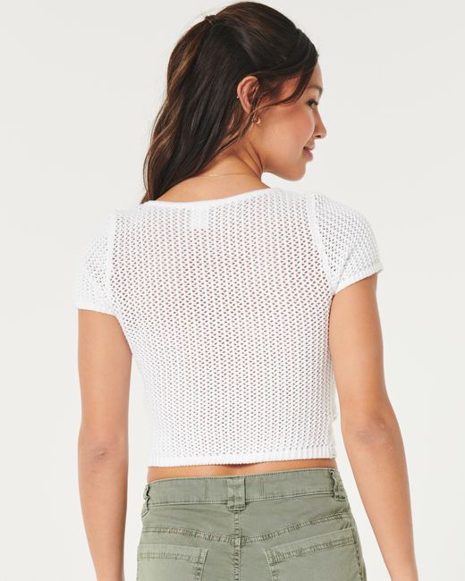 Hollister White Short-sleeve Square-neck Crochet-style Top