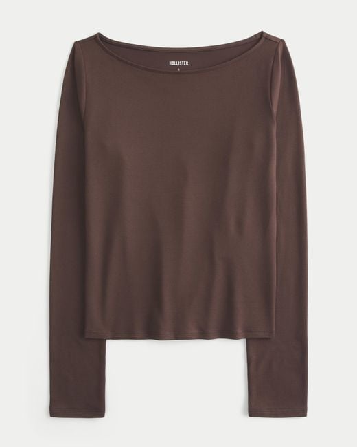 Hollister Brown Long-sleeve Seamless Fabric Slash-neck Top