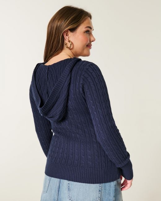 Hollister Blue Cable-knit V-neck Hoodie Sweater