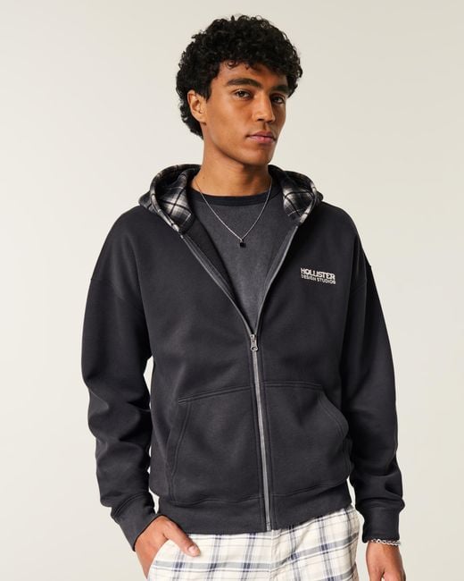 Hollister Black Boxy Zip-up Plaid Hood Logo Hoodie for men