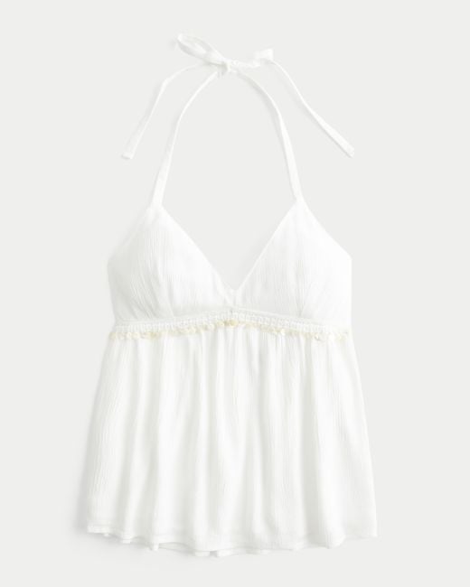 Hollister White Shell-embellished Halter Babydoll Top