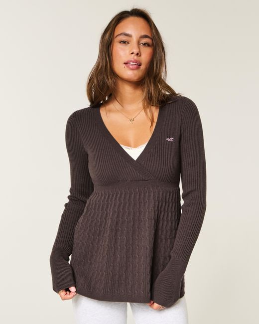 Hollister Brown Wrap Front Long-sleeve Babydoll Sweater