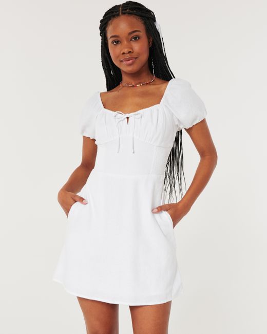 Hollister White Hollister Sofia Side-smocked Linen Blend Dress