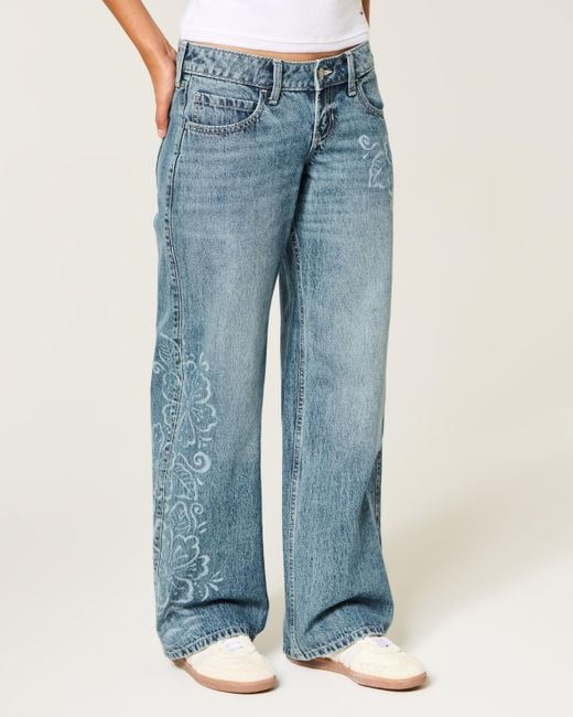 Hollister Blue Ultra Low-rise Medium Wash Floral Print Baggy Jeans