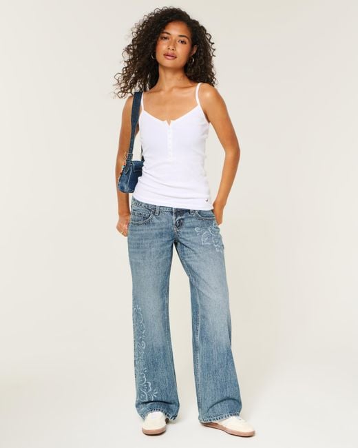 Hollister Blue Ultra Low-rise Medium Wash Floral Print Baggy Jeans