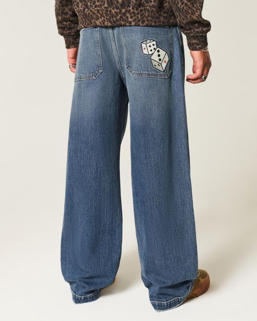 Hollister Blue Dark Wash Dice Graphic Super Baggy Jeans for men
