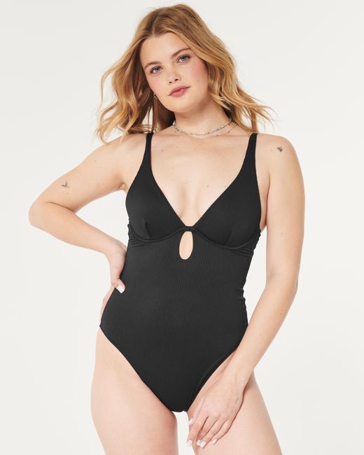 Hollister Black Ribbed Underwire One-piece Swimsuit