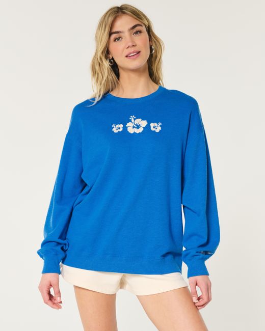 Hollister Blue Oversized Floral Graphic Terry Sweatshirt