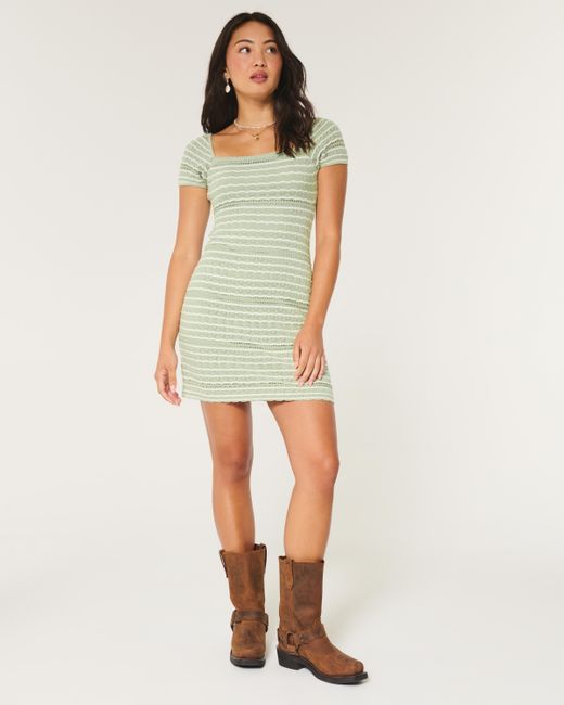 Hollister Green Short-sleeve Crochet-style Twist Back Mini Dress