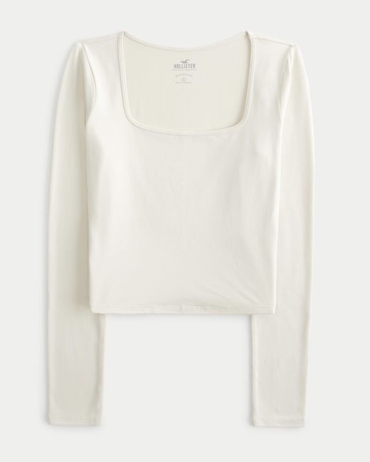 Hollister White Langärmliges nahtloses T-Shirt mit eckigem Ausschnitt