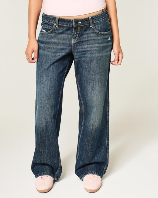 Hollister Blue Ultra Low-rise Distressed Dark Wash Baggy Jeans