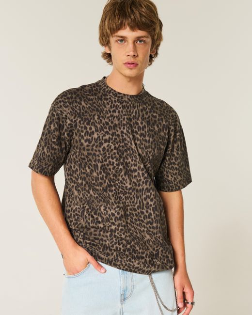 Hollister Green Boxy Heavyweight Leopard Print Cotton Crew T-shirt for men