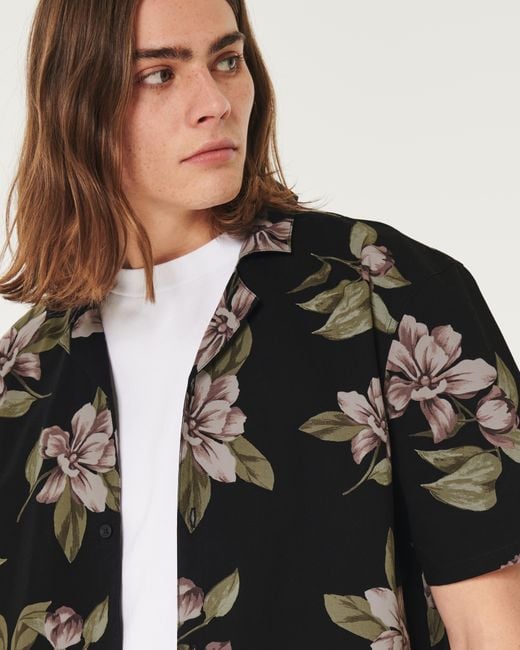 Hollister Black Short-sleeve Floral Poplin Shirt for men