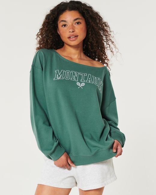 Hollister Green Oversized Off-the-shoulder Montauk Graphic Sweatshirt