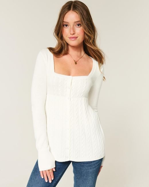 Hollister White Long-sleeve Square-neck Babydoll Sweater