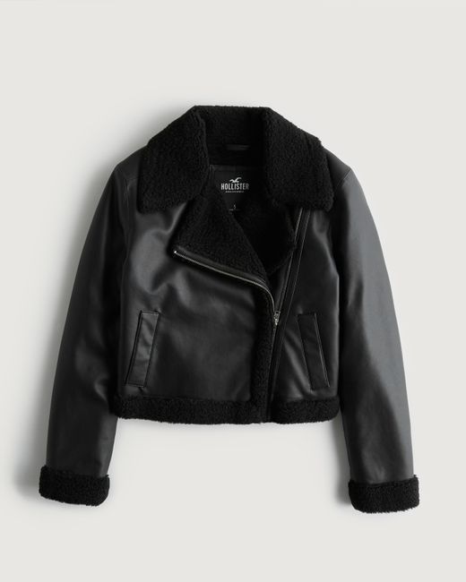 Hollister Black Crop Sherpa-lined Faux Leather Biker Jacket