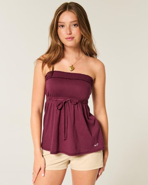 Hollister Purple Strapless Tie Waist Babydoll Top