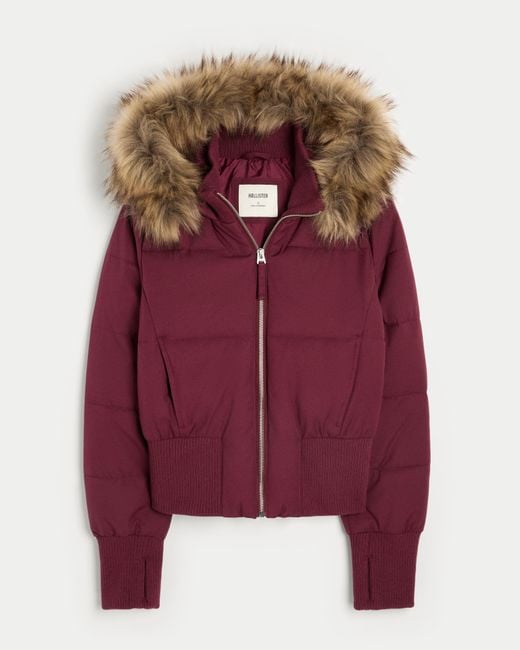 Hollister Purple Faux Fur Trim Puffer Bomber Jacket