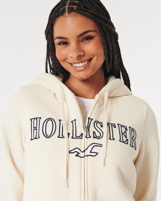 Hollister White Faux Shearling-lined Zip-up Logo Graphic Hoodie