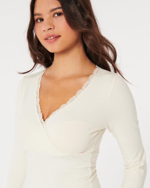 Hollister White Long-sleeve Lace Trim Wrap Top