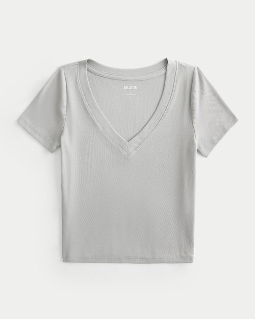 Hollister Gray Geripptes T-Shirt mit V-Ausschnitt