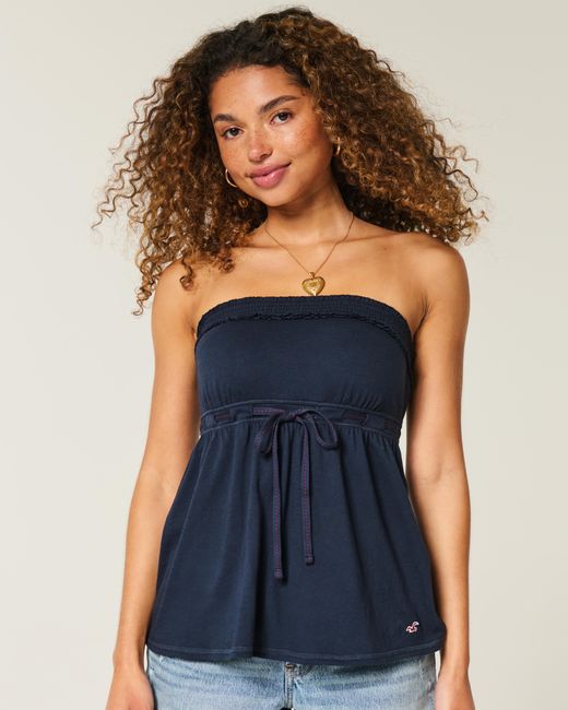 Hollister Blue Strapless Tie Waist Babydoll Top