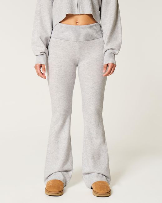 Hollister White Gilly Hicks Strickhose mit umgeschlagener Taille und weitem Bein