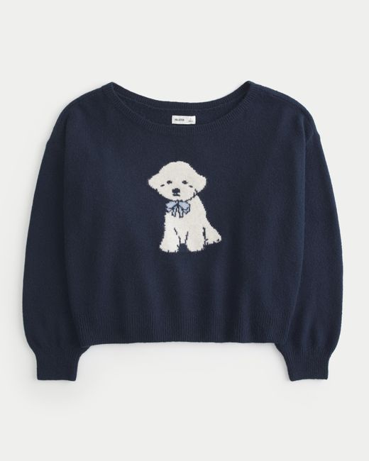 Hollister Blue Fy Cloud Easy Off-the-shoulder Puppy Graphic Sweater